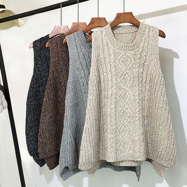 

autumn and winter clothing thick wool vest female knitted vest loose large size round neck in the long section of the wild, White;black