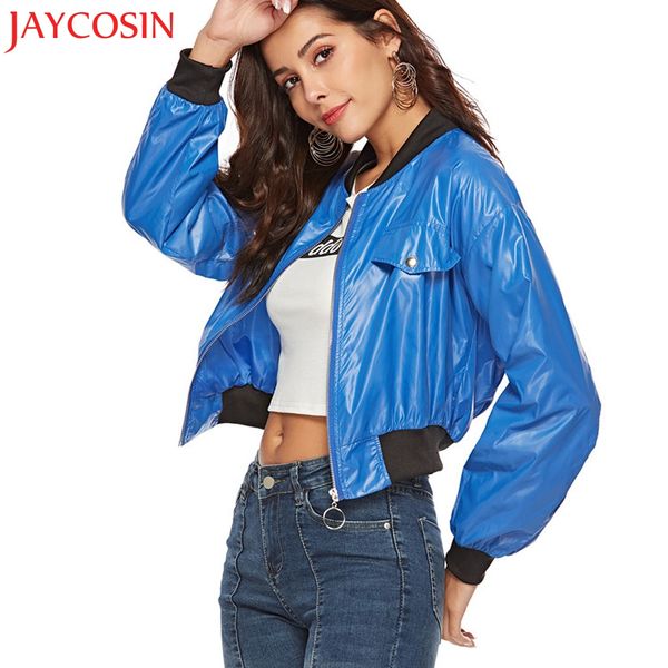 

jaycosin fashion women short coat casual stand collar overcoat baseball jersey zipper outwear dropship nov.30, Black