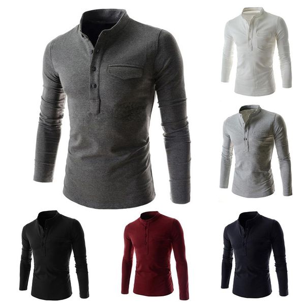 

casual men solid color long sleeve stand collar buttons shirt bottoming hot, Black