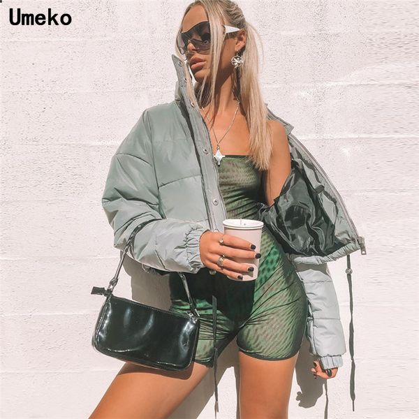 

umeko harajuku autumn winter coat women solid zipper streetwear jacket couples reflective windbreaker women luminous clothes, Black;brown