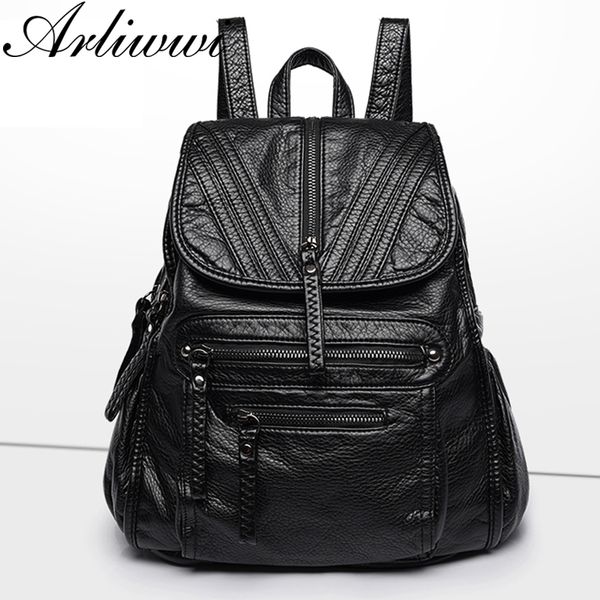 

arliwwi black pu leather backpack bags female soft casual stylish backbag