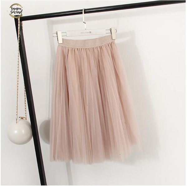 

tulle autumn skirts womens winter tulle skirt elastic high waist pleated midi skirt three layers e7933, Black