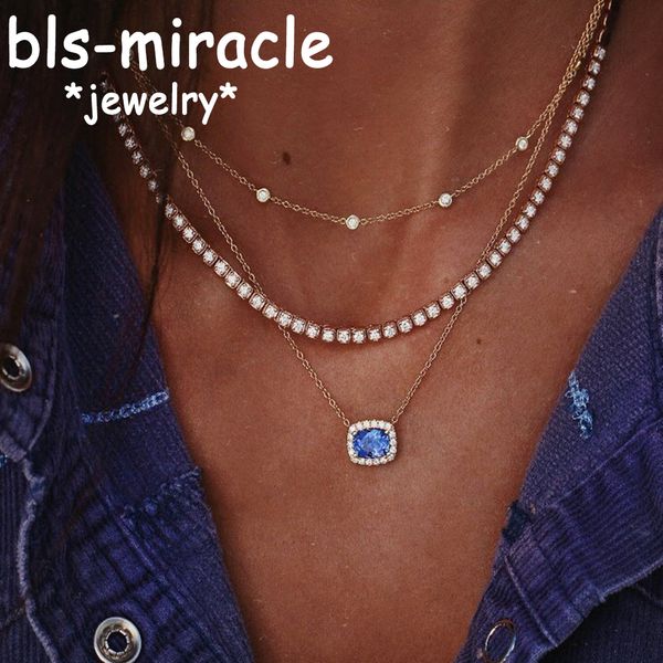 

vintage multilayer geometric blue stone pendant necklace women gold beads crystal chain choker necklaces jewelry new, Silver