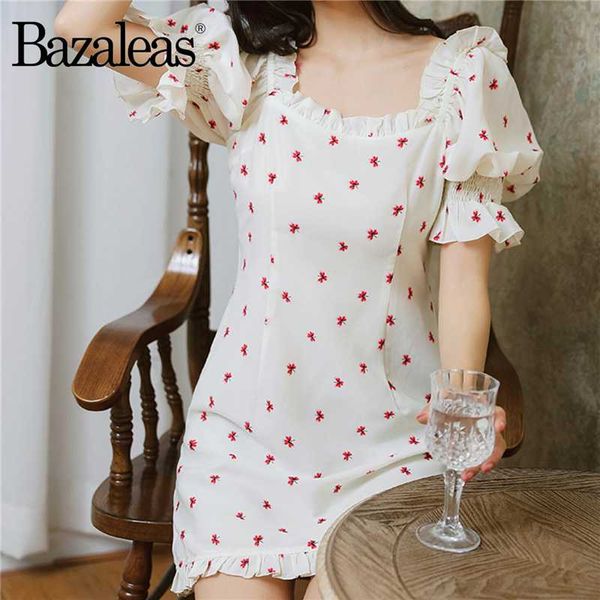 

bazaleas elegant dress women chic ruffles floral print dresses holiday short flare sleeve vestidos, Black;gray