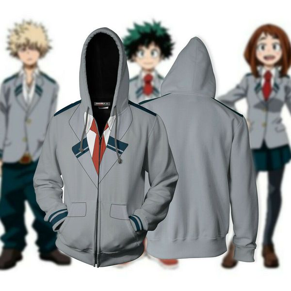 

2019 anime my hero academia no boku costume 3d hoodie school uniform suit jacket zip coat sweatshirt cosplay hooded with cap cos, Black