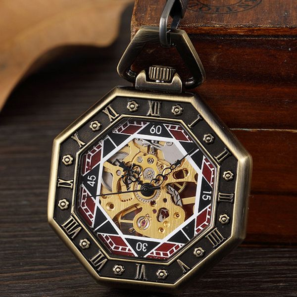 

antique delicate engrave octagon mechanical pocket watch for men steampunk skeleton fob hand watch bronze chain necklace clock, Slivery;golden