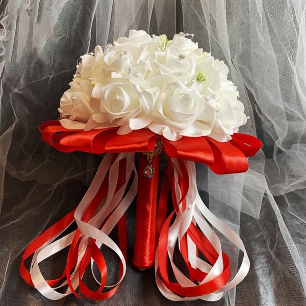 

wedding decoration/foam artificial flower wedding bridal bouquet with crystal pearl and ribbon bride bridesmaid holding flowers