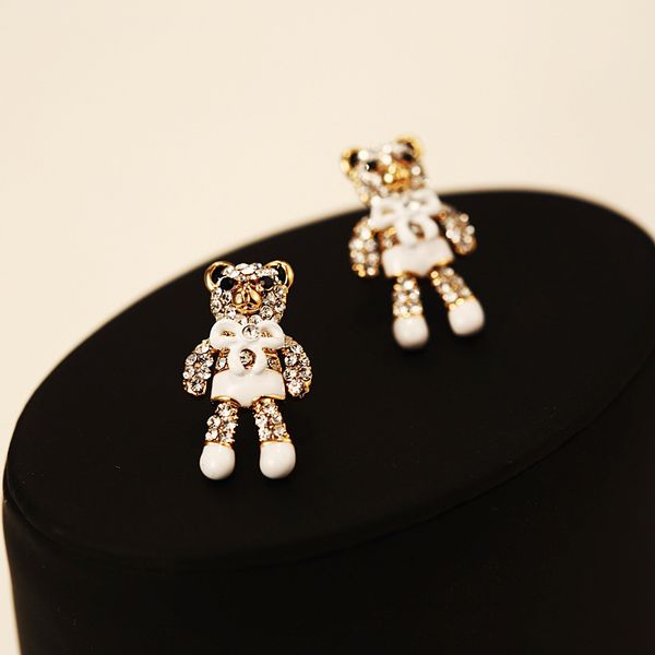 

very cute lovely fashion luxury designer little bear cartoon diamond rhinestone stud earrings for woman white purple