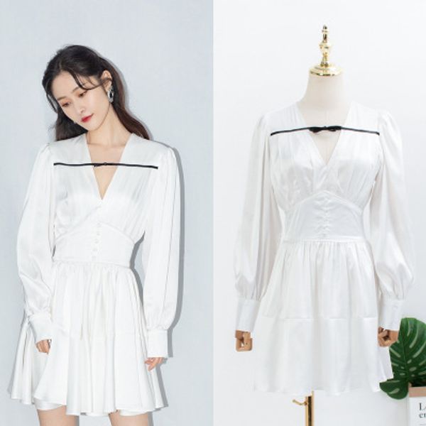

liangtian same white v-neck long sleeve small fresh dress women's new style in early spring 2020