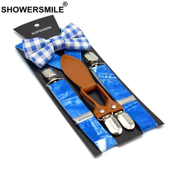 

showersmile boys suspenders print denim blue braces and bow tie set children leather 4 clips elastic adjustable kid pants strap, Black