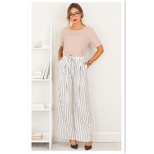 

Fashion Woman's Pants Concise style stripe belt wide leg pants stripe fashion nine minutes pants 2 Colores selectd Size S-XL