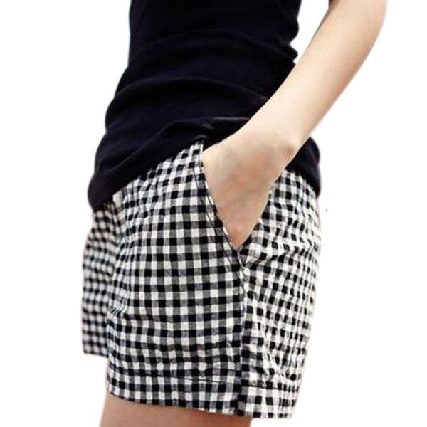 

короткие femme женщина шорты мода заново женщины plaid шорты повседневные сыпучие эластичный пояс все match лето хлопок короткие штаны плюс, White;black
