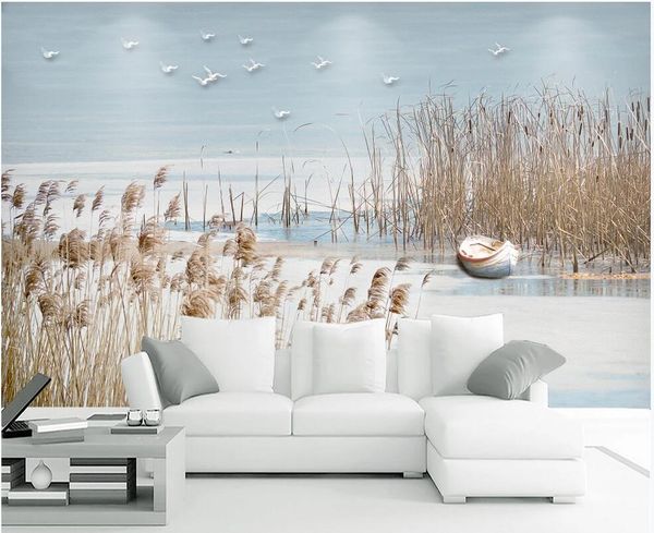 

3d wall covering custom mural wallpaper modern minimalist mediterranean reed flower and bird background wall home decor wall papers