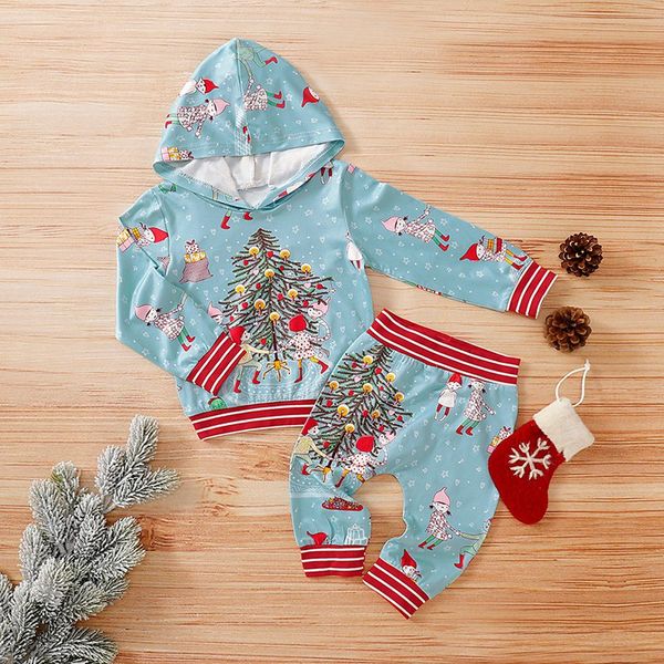 

Baby Boys And Girls Set Two Piece Long Sleeve Trousers Unisex Christmas Festival Tree Print Hooded Sweater Pants For Baby Set