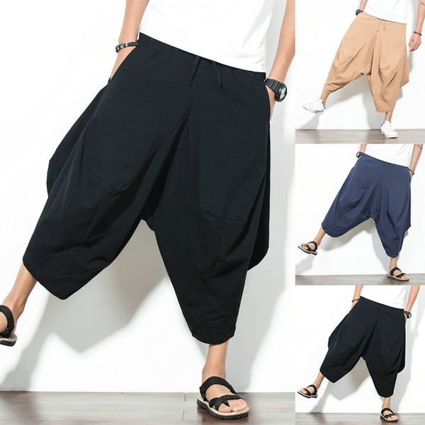 

men pants cotton wide leg joggers harem pants trousers men baggy solid vintage hip-hop male plus size, Black
