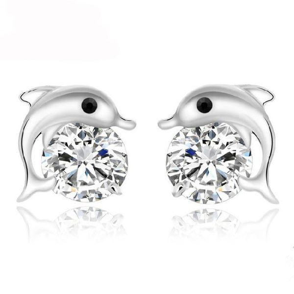 

women's cute lovely dolphin stud earrings cubic zirconia austria crystal stud earrings for women wedding party jewelry wholesale, Golden;silver