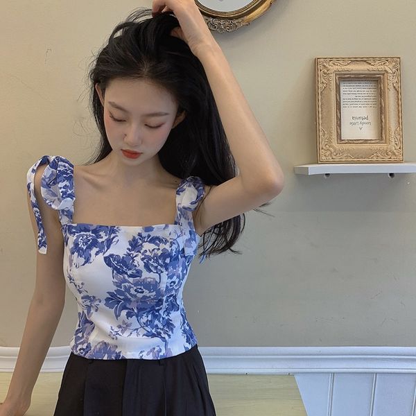 

nana fashion womens clothing store 2020 new design printed square collar shoulder lace-up waist strap minority, White