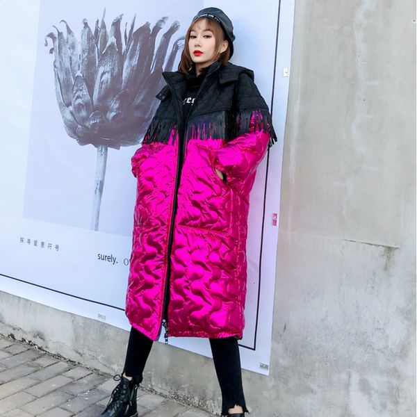 

tvvovvin hit color tassels parka woman 2019 winter thick hooded parka casual patchwork loose black spelled red qyf1320