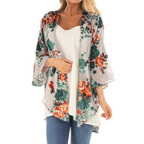 

women coats spring autumn feitong feminine fashion chiffon floral kimono loose half sleeve shawl chiffon vintage cardigan, Black;brown