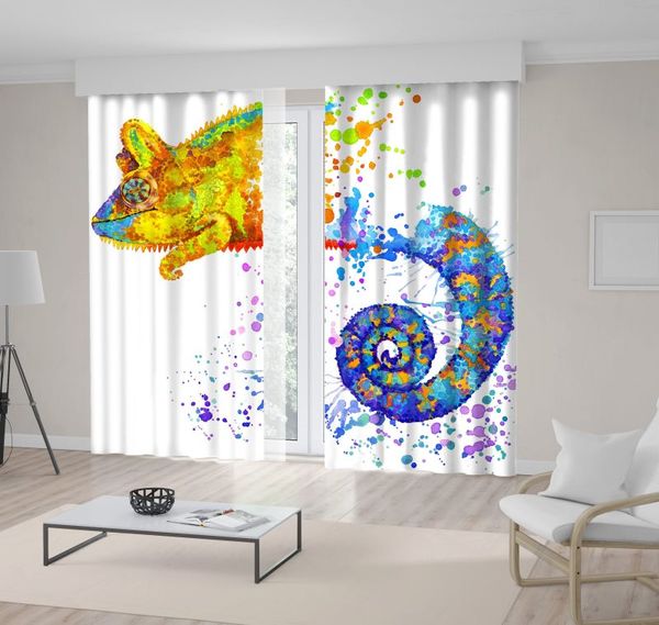 

chameleon lizard exotic nature tropical wildlife colorful watercolor illustration yellow blue curtain