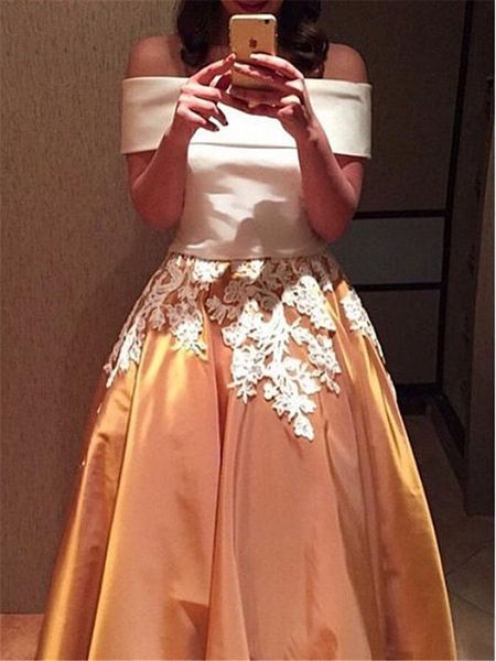 

white and gold prom dresses off the shoulder with sleeves satin a line applique lace evening gowns special occasion formal party dress, Black
