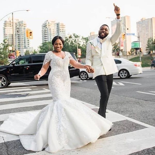 

graceful beaded mermaid lace wedding dresses v neck appliqued long sleeves bridal gowns court train african trumpet robe de mariÃ©e, White
