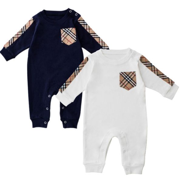 

ins spring and autumn baby clothes 2 colors knit cotton tide plaid stitching conjoined clothes baby romper long sleeve jumpsuits zjy791, Blue