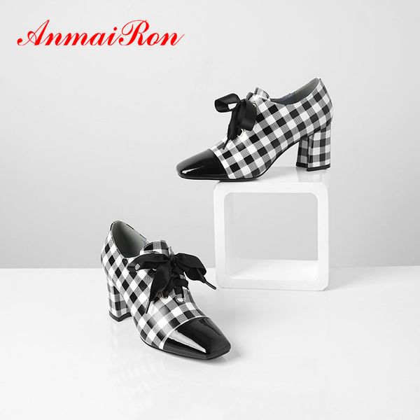 

anmairon 2020 basic genuine leather pointed toe lace-up pumps square heels womens shoes checkered patterns office lady shoes, Black