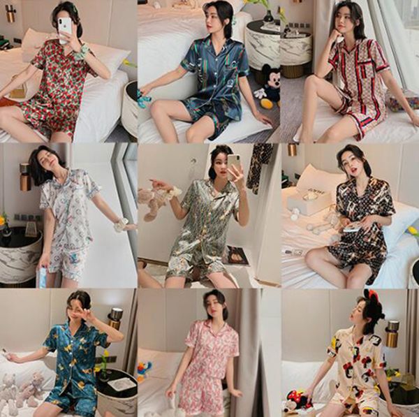 

fashion pajamas luxury letter print women silk pajamas short sleeve shirt sleepwear women casual pijama home clothing suits 9 style, Blue;gray