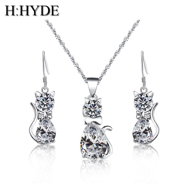 

h:hyde new design jewelry sets silver clear cubic zirconia cat pendant necklace earrings purple white crystal jewelry for women