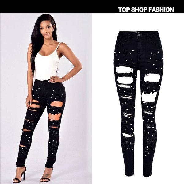 

fashion ripped hole pearl women jeans skinny torn black denim pants for women plus size feminino 2018, Blue