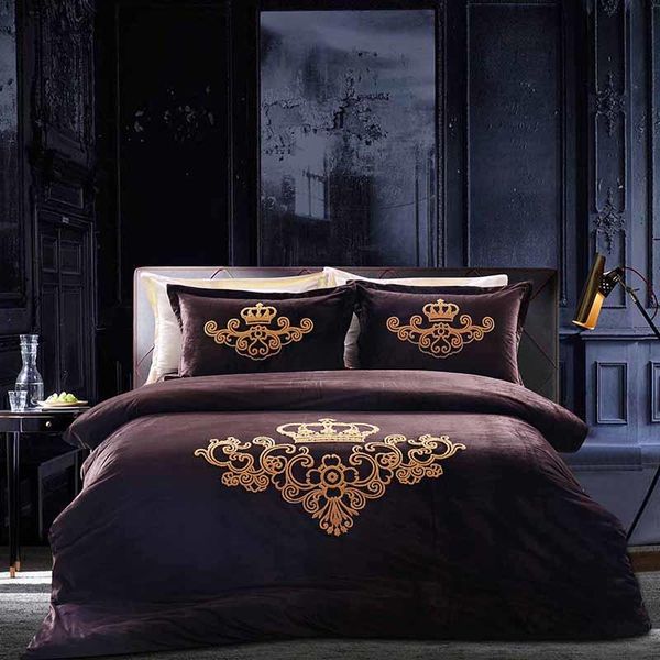 Coffee Grey Queen King Size Bedding Set Crown Bed Set Fleece Warm