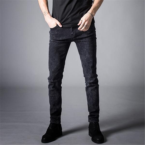 

2019 spring fashion casual snowflakes jeans male feet pencil pants men's dark grey pants male cowboy skinny jeans men, Blue