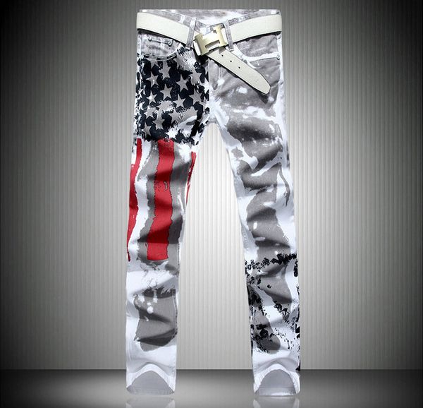 

men american flag printed jeans high elasticity slim leisure pentagon red bar large size pants, Blue