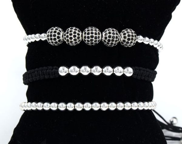 

4mm 3pcs/lot xv42 gold silver copper cz zircon cubic zirconia elastic ball bead punk macrame charm buddha yoga bracelet bangles, Black