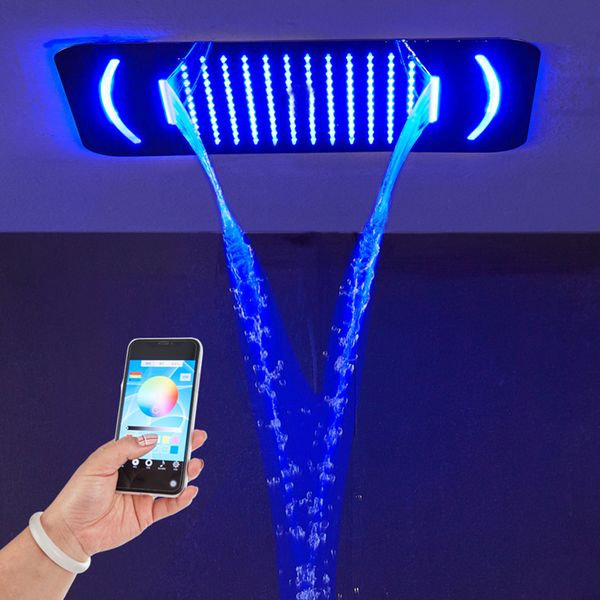 

phone control led light shower head waterfall rainfall showerheads bathroom 304 sus brushed shower heads black