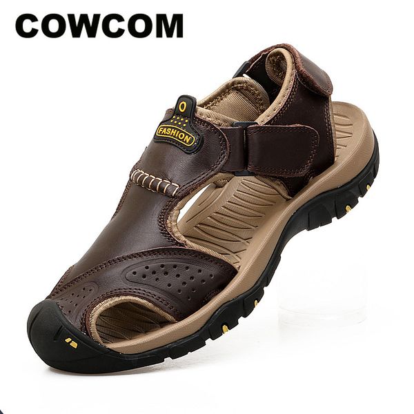 

cowcomlarge size sandals men's leather beach shoes outdoor breathable casual shoes men sandals men clk, Black