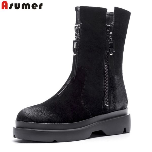 

asumer 2020 new fashion flat casual shoes women ankle boots suede leather zip autumn winter motorcycle boots, Black