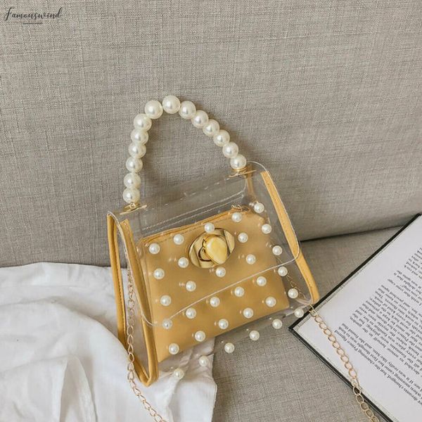 

2020 new pearl handbag womens fashion shoulder bag transparent pu pu beaded messenger bag