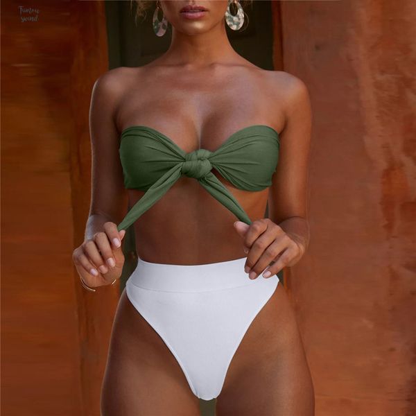 

bikini female summer swimsuit 2019 solid swimwear bikini high waist padded push up swimsuit women bikini with knot, White;black