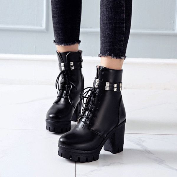 

pxelena large size 34-43 women punk rock gothic combat ankle boots retro rivet block chunky square high heels shoes winter warm, Black