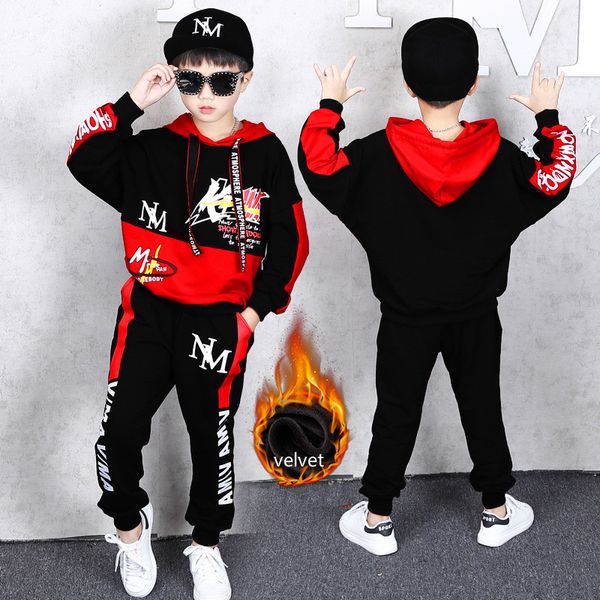 

children's clothing winter boy sweater shirt trousers suit fashion hooded plus velvet thick jacket coat hip-hop style clothes 2 sets, White