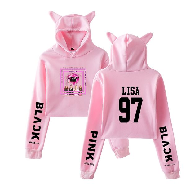 

женщины hoodie женщина одежда kpop blackpink cat толстовки толстовка crop top женщины толстовки пуловеры sexy girl новый повседневный толсто, Black