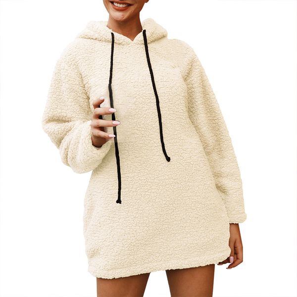 

winter women hoodies sweatshirts solid fur loose midi pullover sweatshirts streetwear autumn winter warm plush hoody blouse, Black