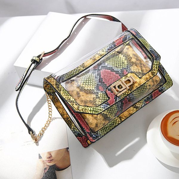 

snakeskin pattern fashion women pvc transparent crossbody bags ladies metal button mini shoulder bag colorful tiny handbags
