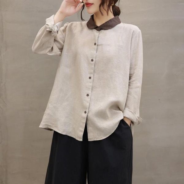 

literature spring cotton linen shirt long sleeve patchwork collar button cardigans loose casual loose blouses vintage cloth, White