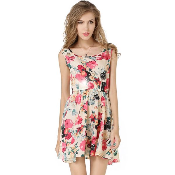 

korean women chiffon mini dress sleeveless elastic high waist floral print elegant evening party loose short robe dress vestidos, Black;gray