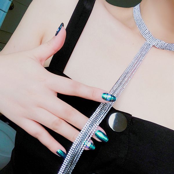 

hot new fashion designer super glittering very beautiful luxury full rhinestone diamond long tassel choker statement necklace for woman