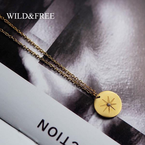 

wild&new stainless steel gold pendant necklace for women girls vintage round disc star shape simple necklace jewelry gift, Silver