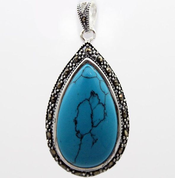 

925 sterling silver& marcasite 40x20mm blue waterdrop turquoise lady's men pendant
